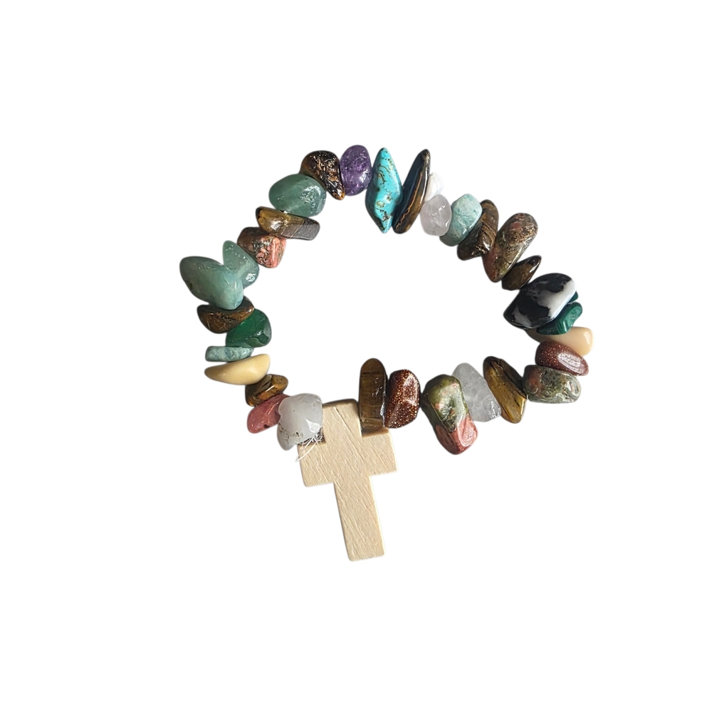 Boho Mixed Stone Chip Wood Cross Stretch Bracelet